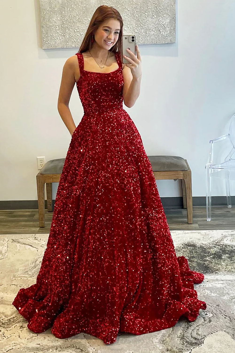 Burgundy Sequin Ball Gown Sparkly Evening Dress Shine Prom Dress