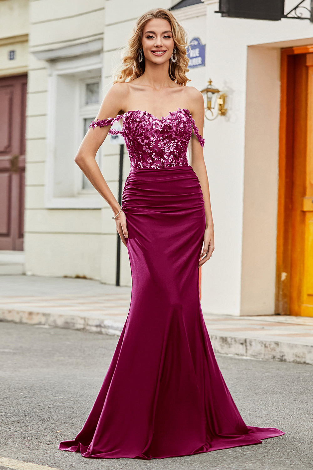 Off Shoulder Mermaid Prom Dress Ruched Long Evening Dress