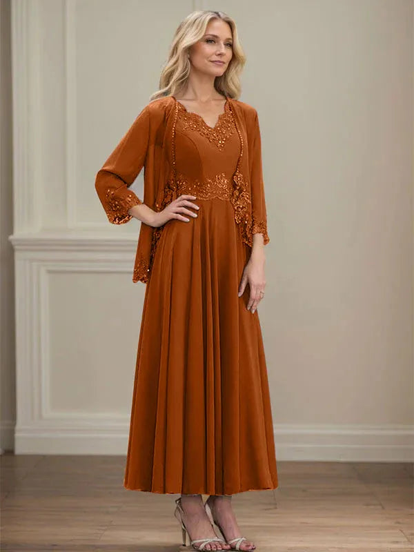 A-line V-Neck Ankle-Length Chiffon Mother of the Bride Dress
