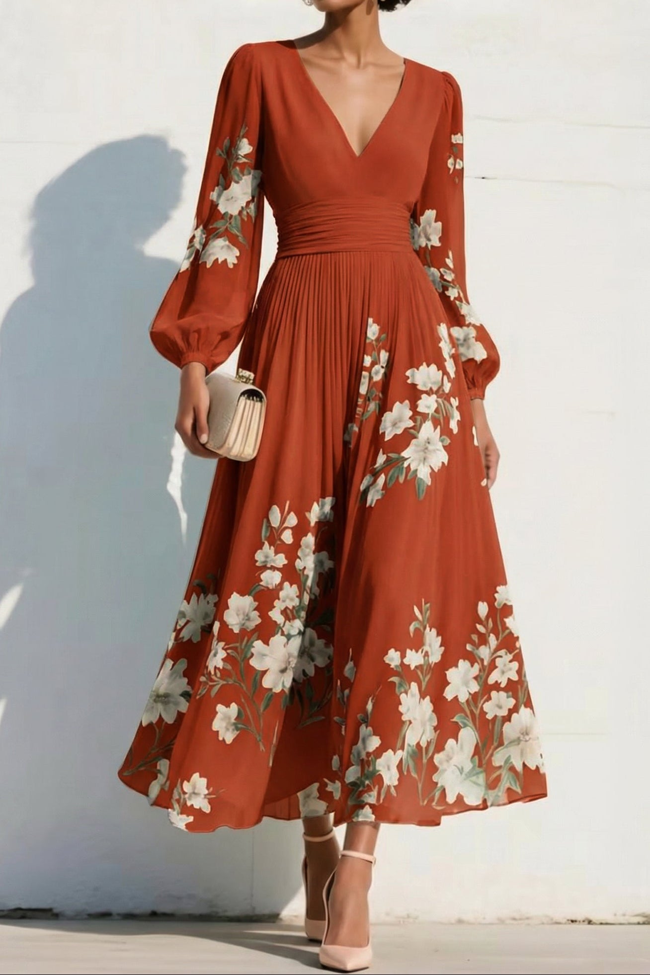 V-Neck Print-Chiffon Pleated Tea-Length Mother of the Bride Dress