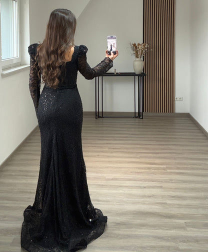 Long Sleeves High Neck Pearls Ruched Evening Dress