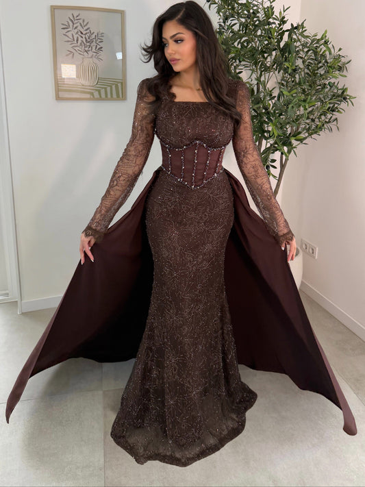 Brown Trumpet Long Sleeves Lace Formal Dress with Overskirt
