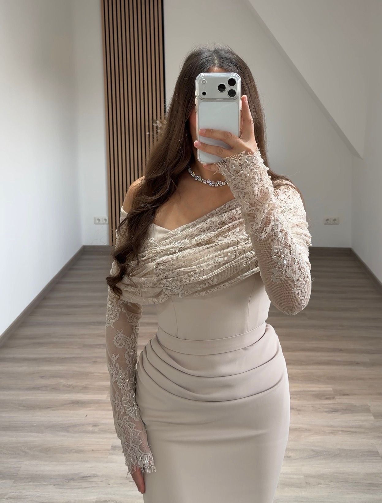 Sheath Long Sleeves High Neck Empire-Waist Formal Evening Dress