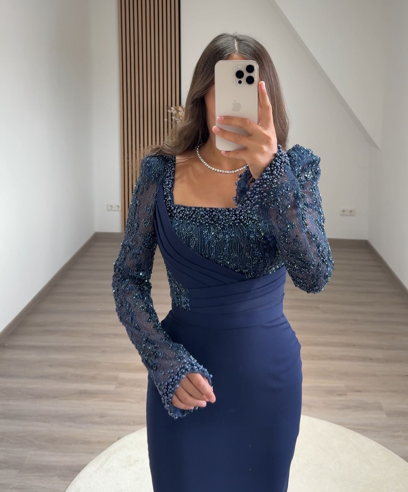 Long Sleeves V-Neck Prom Dress with Beads Sweep Train Evening Dress