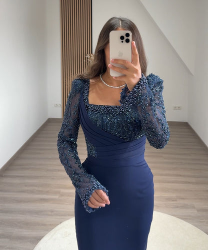 Long Sleeves V-Neck Prom Dress with Beads Sweep Train Evening Dress