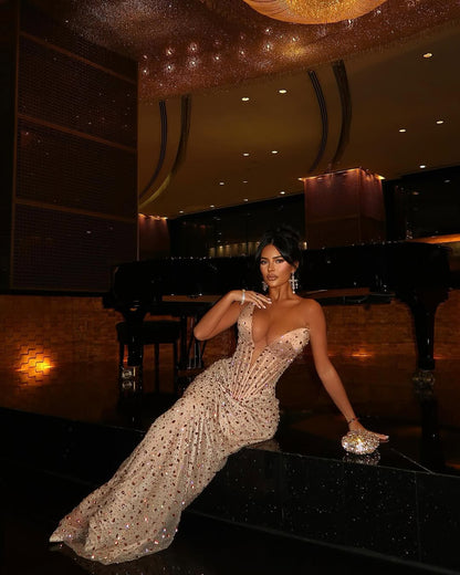 Champagne V Neck Sleeveless Ruche Corset Rhinestones Prom Evening Dress