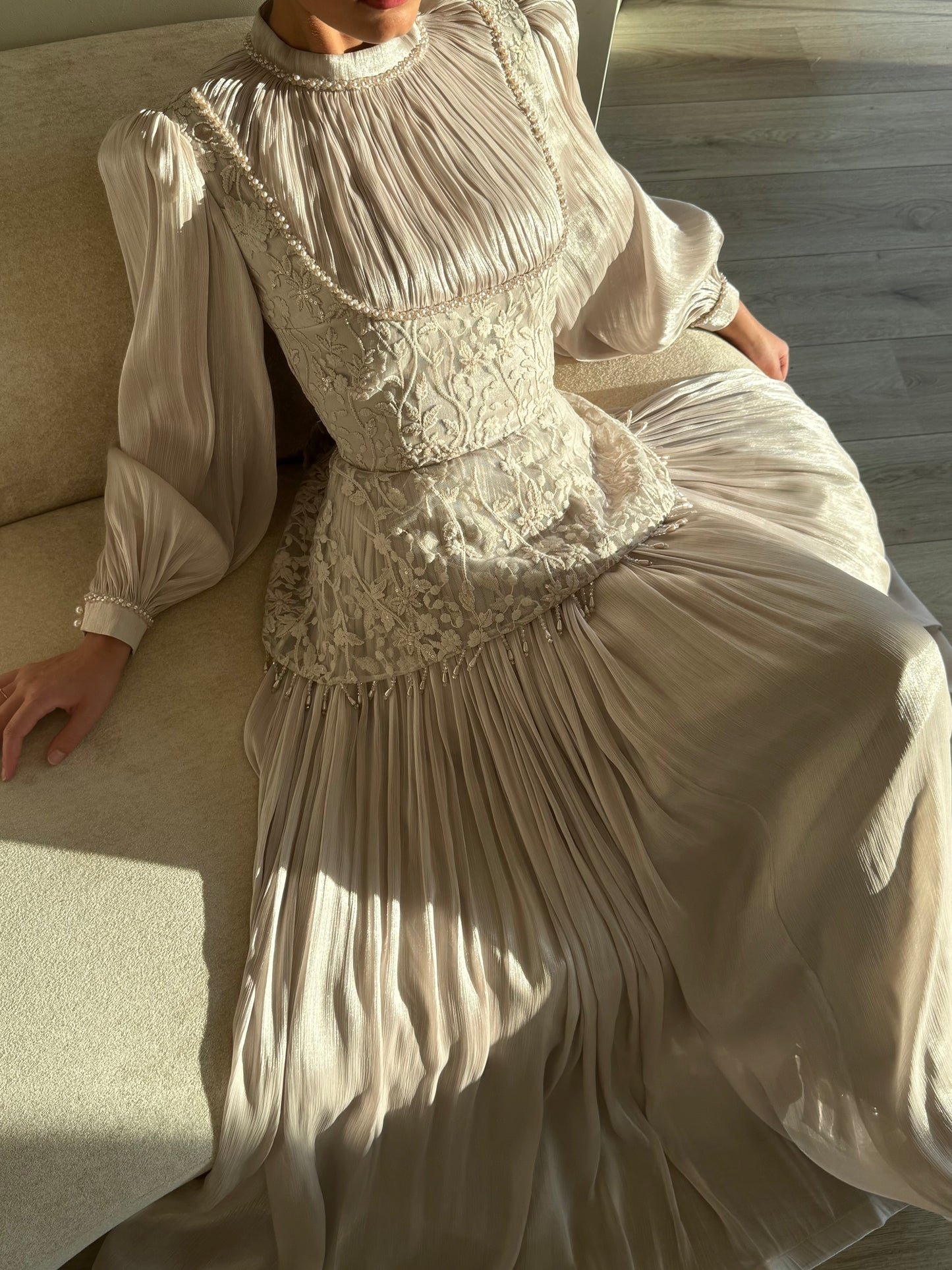 Ivory Vintage Long Sleeves Beaded Column Ruched Floor Length Formal Dress