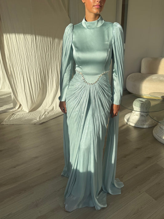 Turquoise High Neck Long Sleeves Ruched Beaded Back Zipper Evening Dress