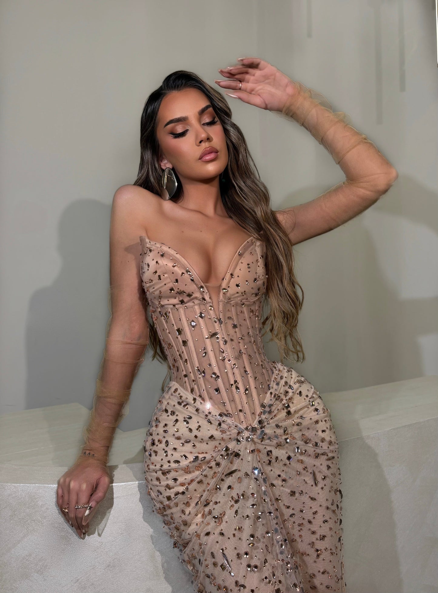 Champagne V Neck Sleeveless Ruche Corset Rhinestones Prom Evening Dress