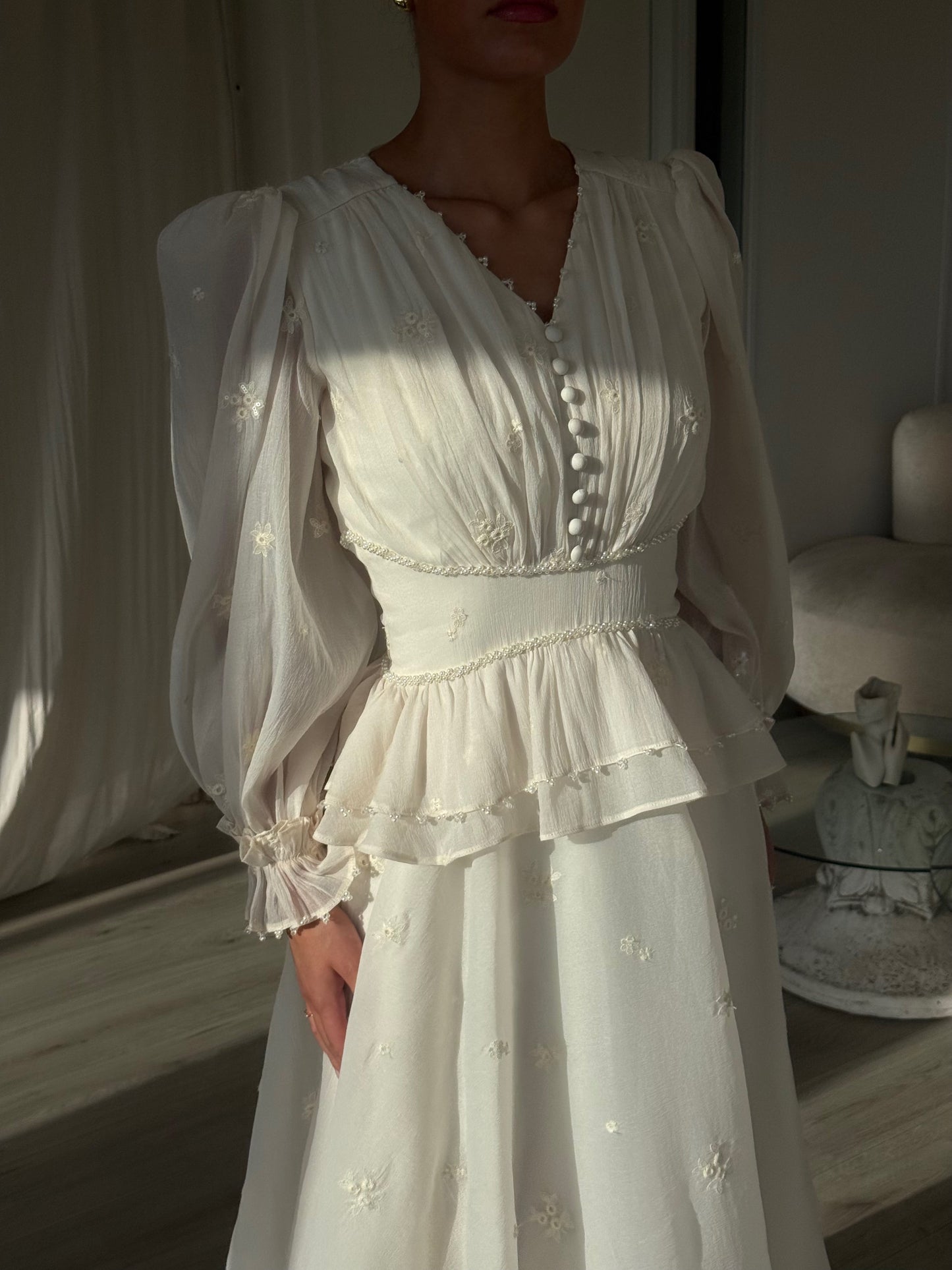 Ivory V Neck Long Sleeves Vintage Evening Formal Dress
