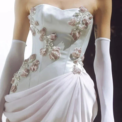 Sweetheart Floral Embellished Prom Dress Pleated Chiffon High Slit Evening Gowns