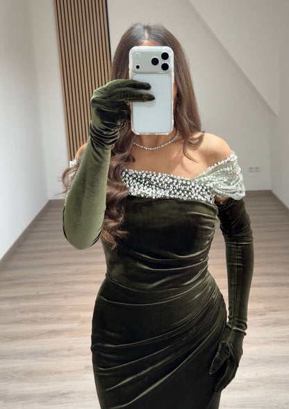 Satin Square Neck Long Sleeves Formal Dress with Sash