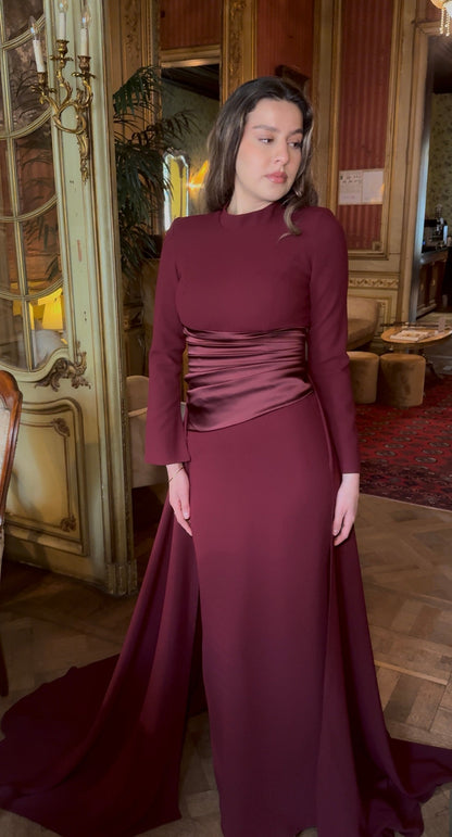 Burgundy Sheath High Neck Long Sleeves Evening Dress