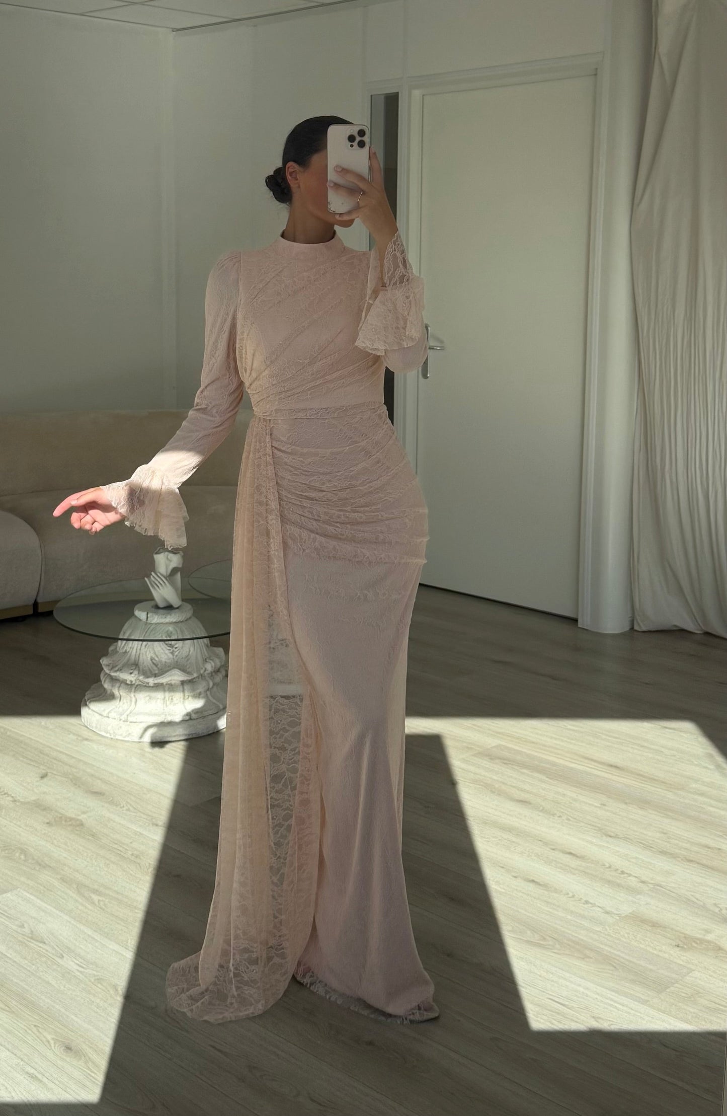 Pink Sheath Ruched Long Sleeves Lace Formal Evening Gown