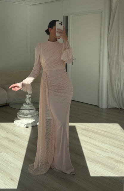 Pink Sheath Ruched Long Sleeves Lace Formal Evening Gown