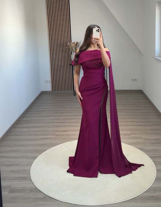 High Neck Long Sleeves Empire-Waist Ruched Feathers Formal Evening Dress