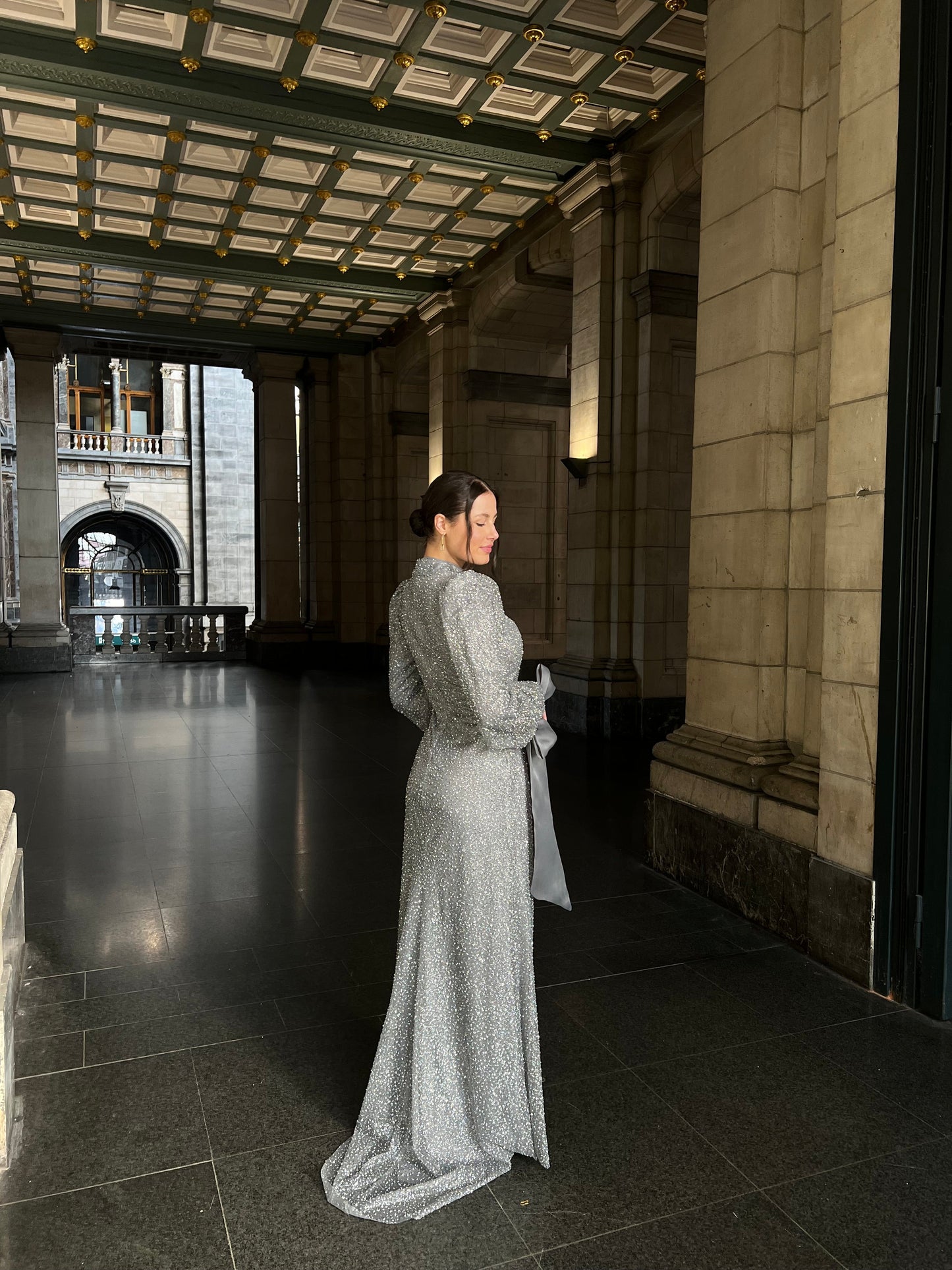 Grey Column Long Sleeves High Neck Bowknot Stunning Evening Gown