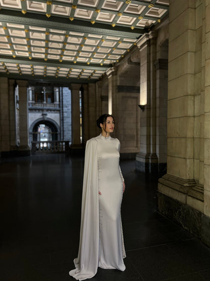 Ivory Long Sleeves Beaded High Neck Sheath Evening Formal Dress