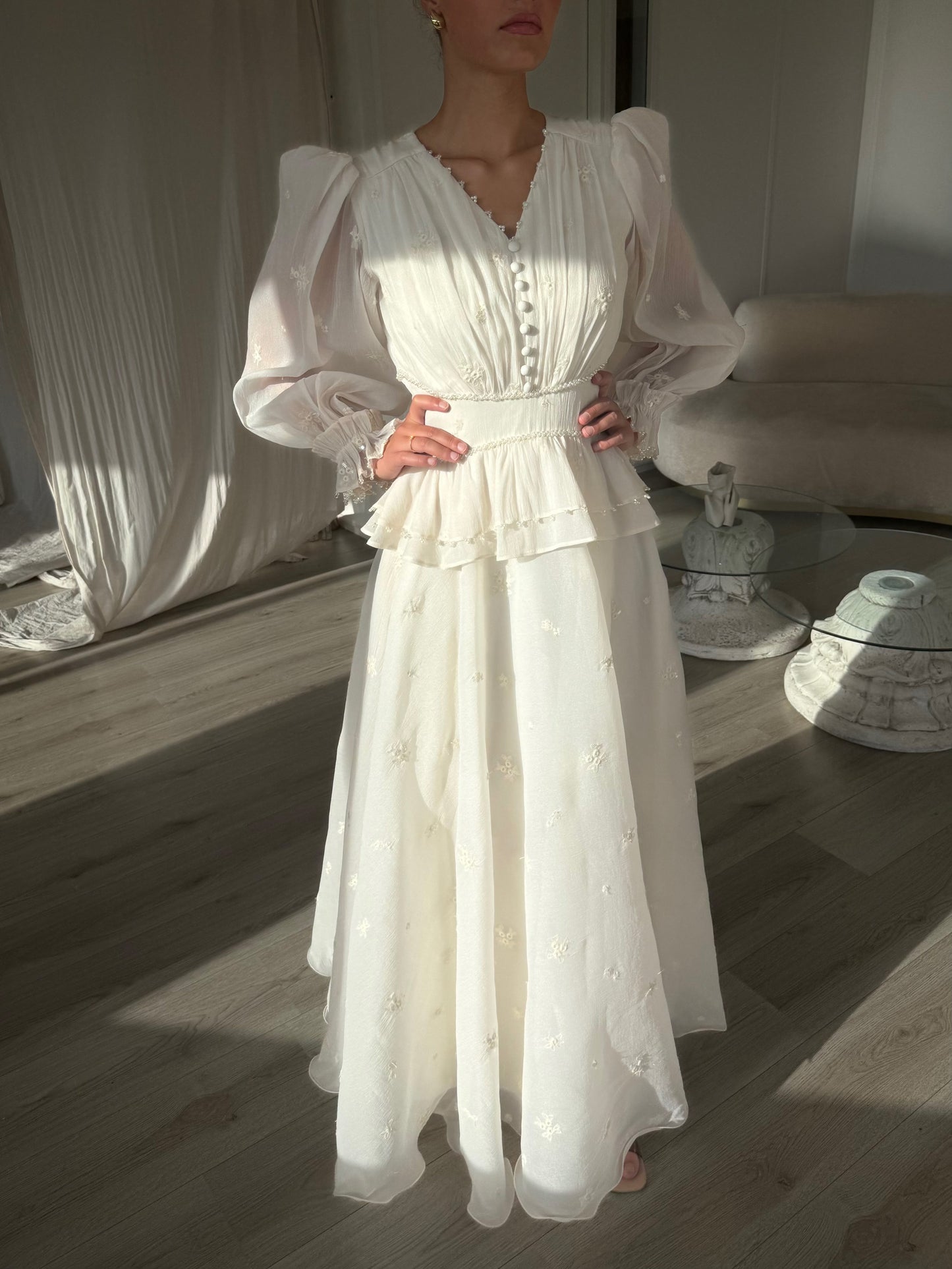 Ivory V Neck Long Sleeves Vintage Evening Formal Dress