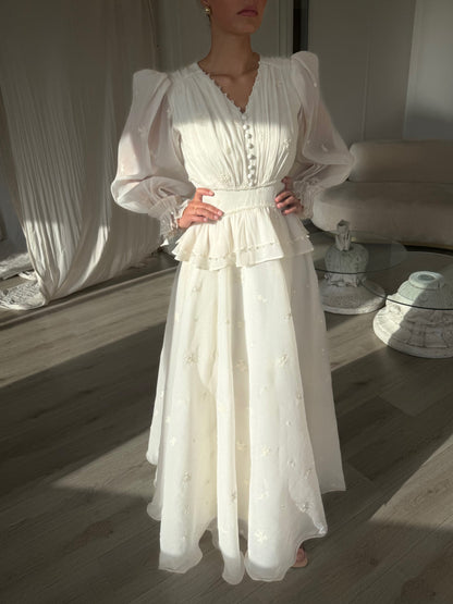 Ivory V Neck Long Sleeves Vintage Evening Formal Dress
