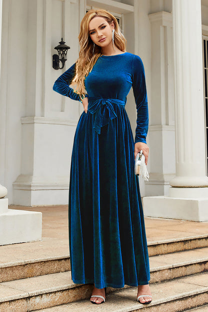 Black A Line Jewel Neck Velvet Floor Length Party Dress