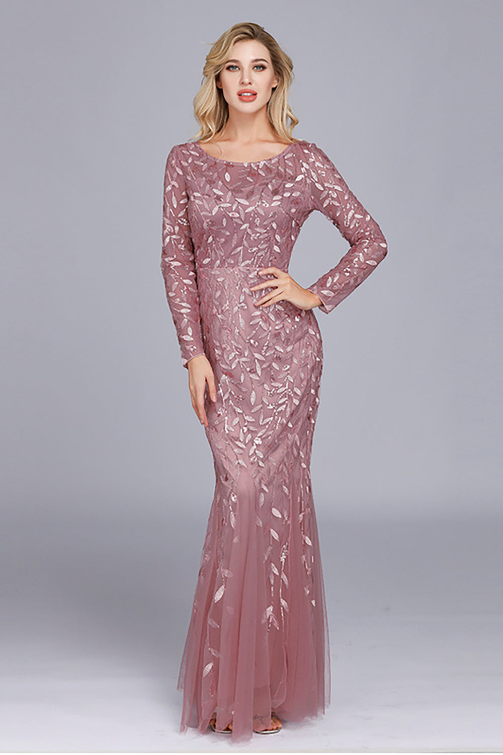 Gold Mermaid Sequins Tulle Evening Dress With Long Sleeves