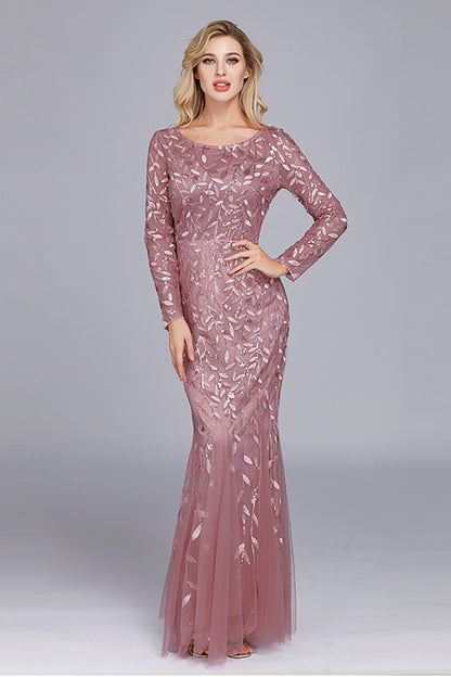 Gold Mermaid Sequins Tulle Evening Dress With Long Sleeves