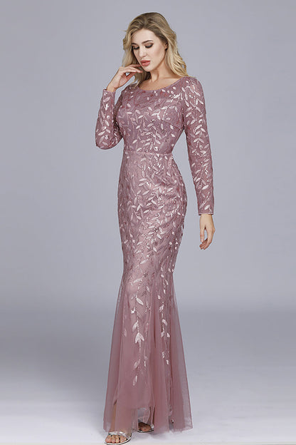Gold Mermaid Sequins Tulle Evening Dress With Long Sleeves