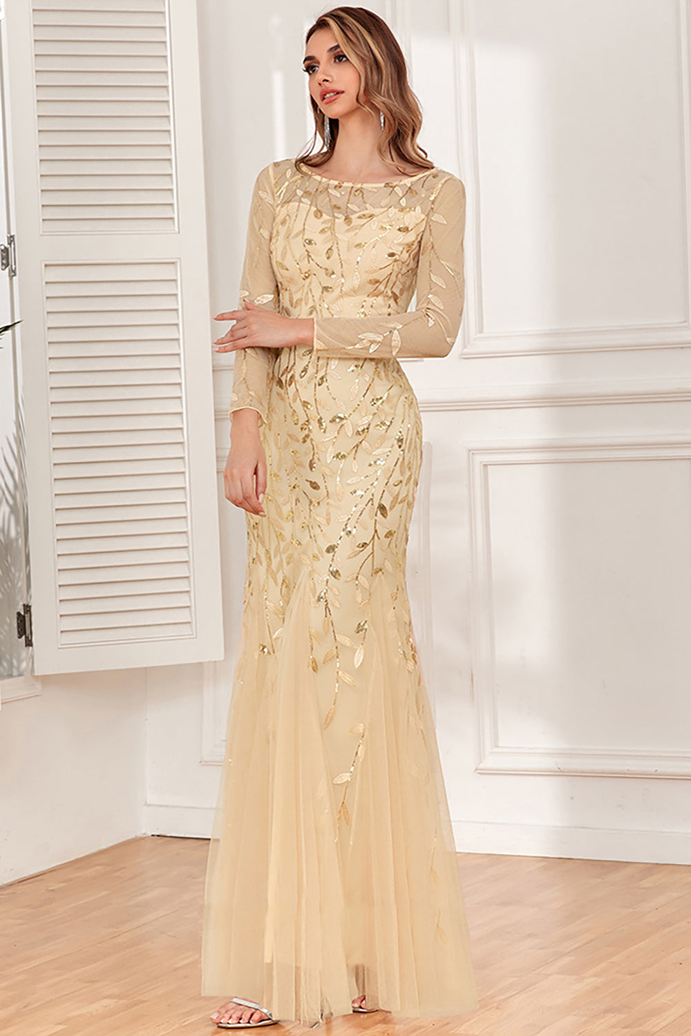 Gold Mermaid Sequins Tulle Evening Dress With Long Sleeves
