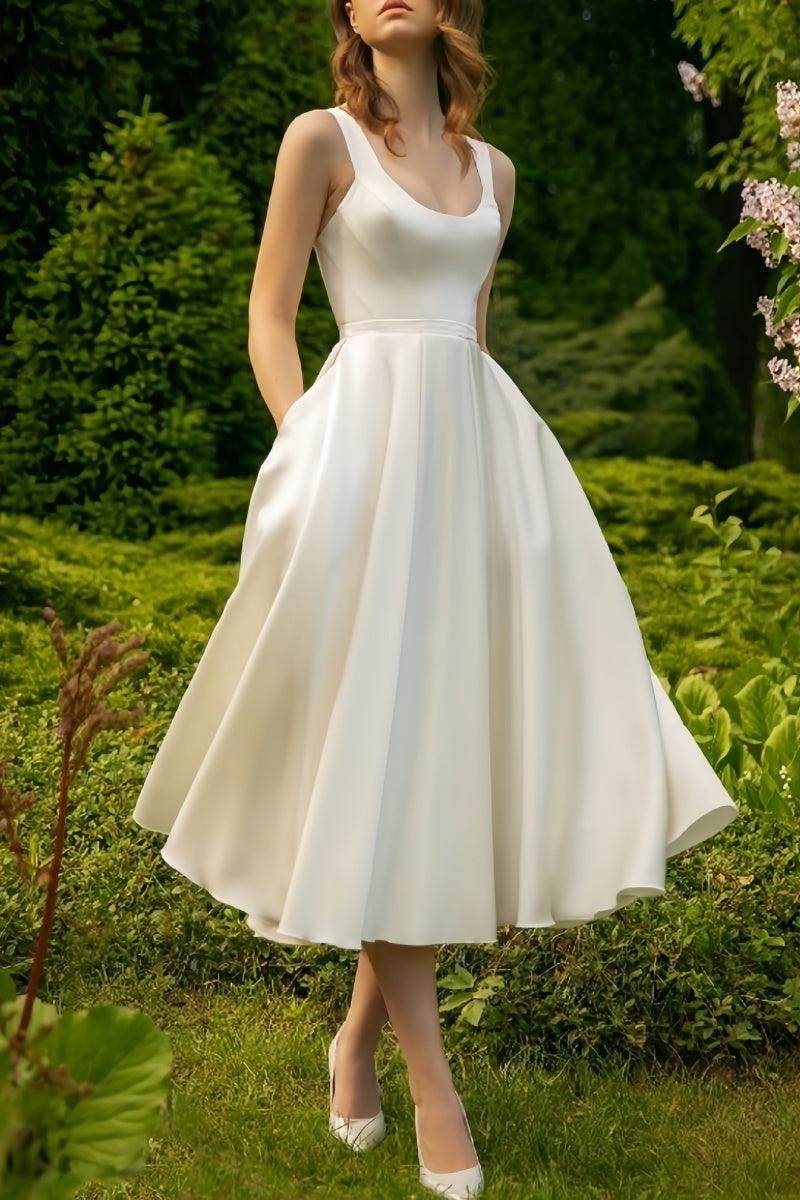Scoop Ankle-Length Little White Dress with Pockets