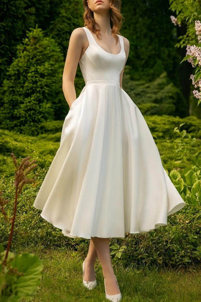 Scoop Ankle-Length Little White Dress with Pockets