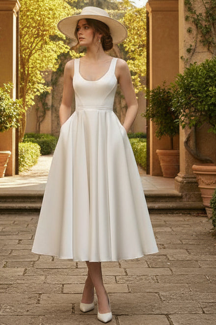 Scoop Ankle-Length Little White Dress with Pockets