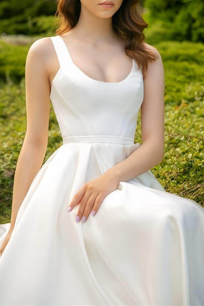 Scoop Ankle-Length Little White Dress with Pockets