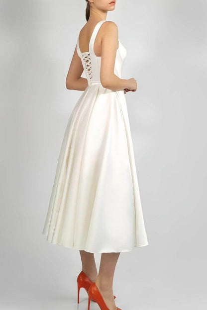 Scoop Ankle-Length Little White Dress with Pockets