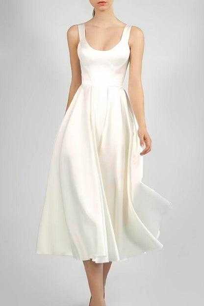 Scoop Ankle-Length Little White Dress with Pockets