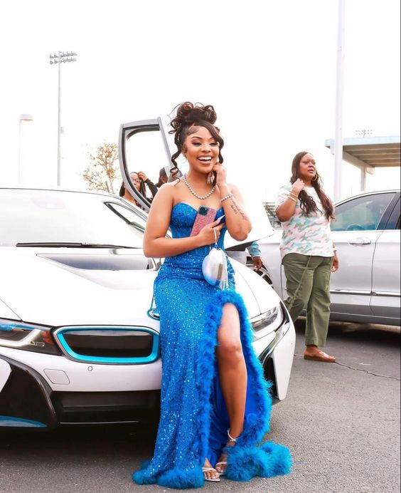 Sweetheart Strapless Mermaid Slit Prom Dress Slit Party Dress for Black Girl