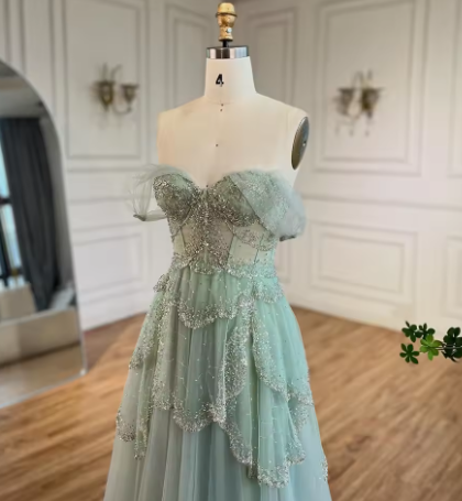Sage Green A-Line Off The Shoulder Tulle Beaded Evening Dress