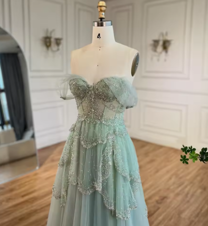 Sage Green A-Line Off The Shoulder Tulle Beaded Evening Dress