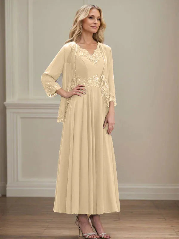 A-line V-Neck Ankle-Length Chiffon Mother of the Bride Dress