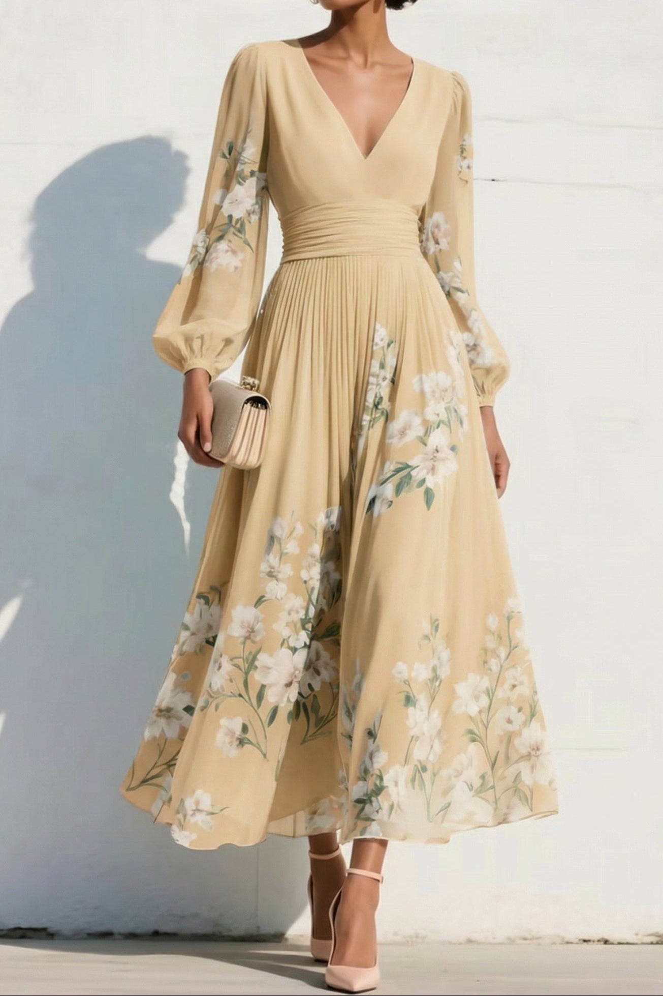 V-Neck Print-Chiffon Pleated Tea-Length Mother of the Bride Dress