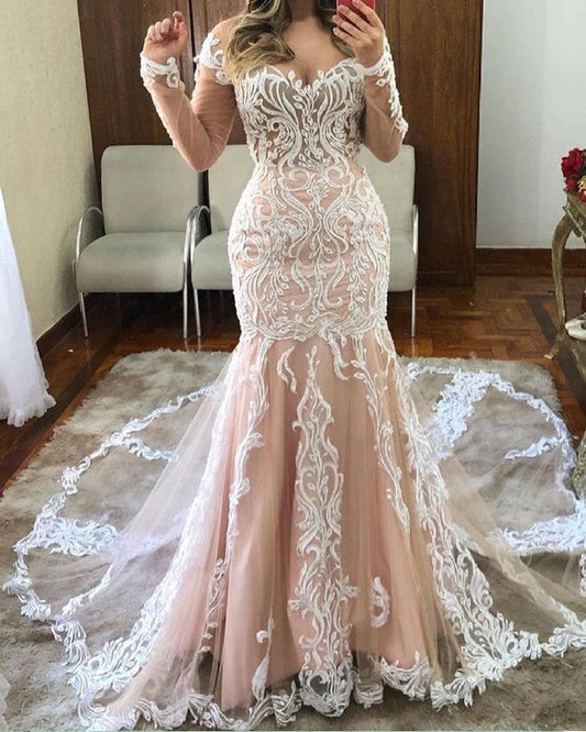 Ivory And Champagne Mermaid Wedding Dresses Lace Long Sleeves