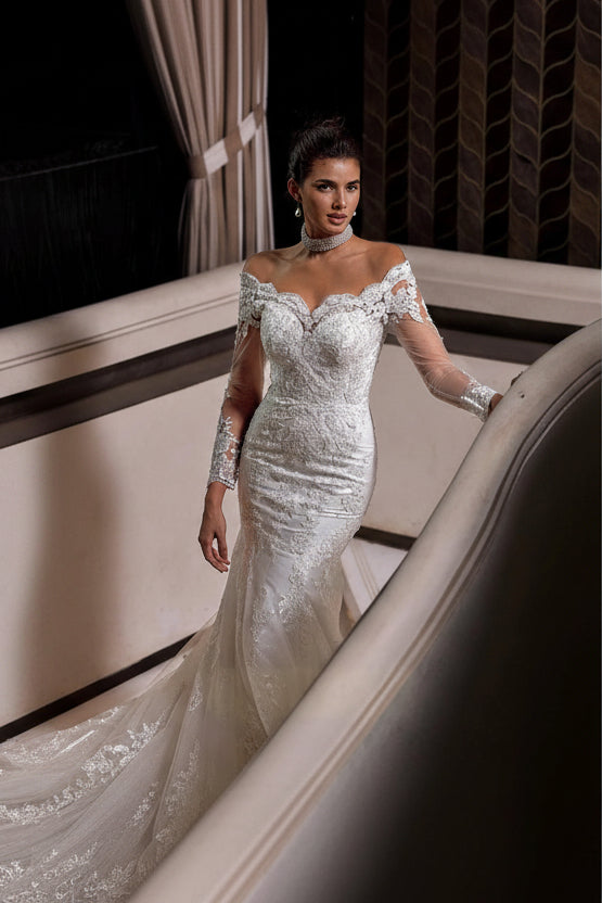 Charming Long White Mermaid Off-the-shoulder Lace Wedding Dress