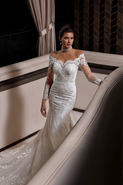 Charming Long White Mermaid Off-the-shoulder Lace Wedding Dress