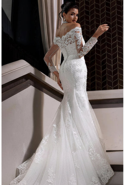 Charming Long White Mermaid Off-the-shoulder Lace Wedding Dress