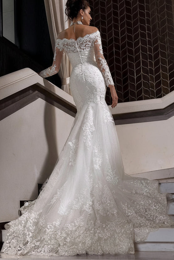 Charming Long White Mermaid Off-the-shoulder Lace Wedding Dress