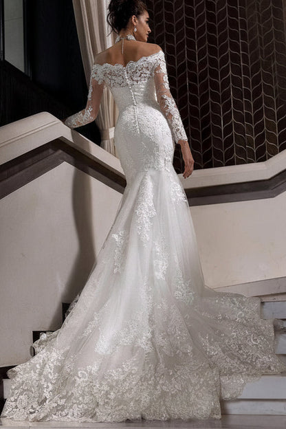 Charming Long White Mermaid Off-the-shoulder Lace Wedding Dress