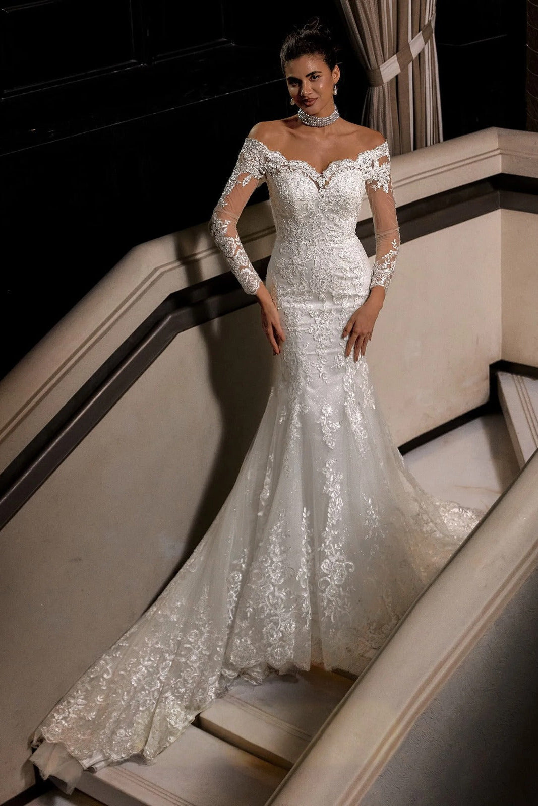 Charming Long White Mermaid Off-the-shoulder Lace Wedding Dress
