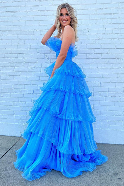 Charming A Line Strapless Blue Long Prom Dress with Ruffles