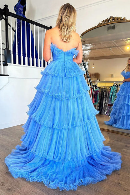 Charming A Line Strapless Blue Long Prom Dress with Ruffles