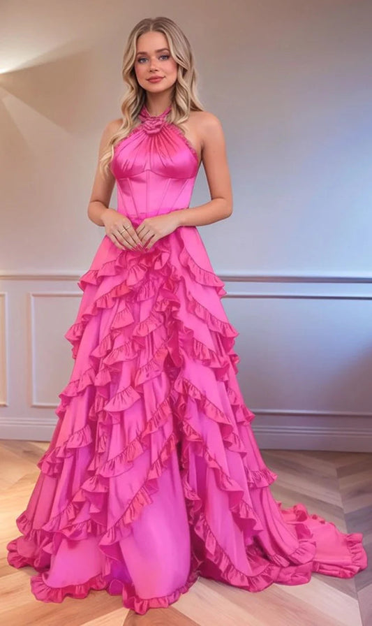 Halter Pink Sleeveless A-Line Tassel Ruched Floor-Length Prom Dress
